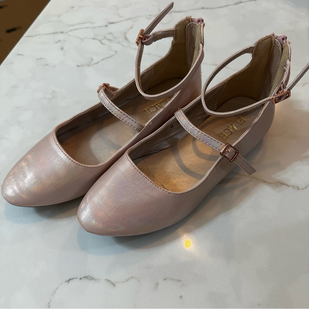 Girls Size 2 Rose Gold Pink Metallic Mary Jane Dress Shoes